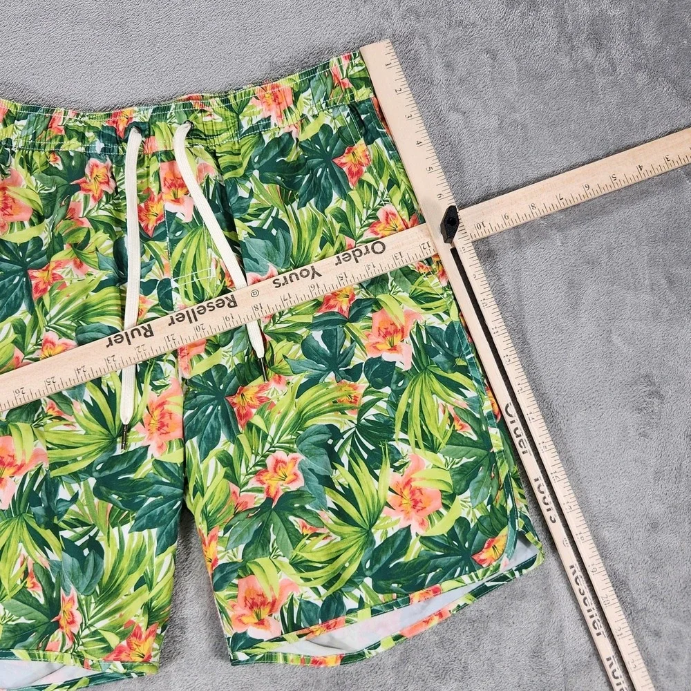 Fair Harbor Swim Shorts Mens Medium Green Floral‎ Lined Drawstring Pockets